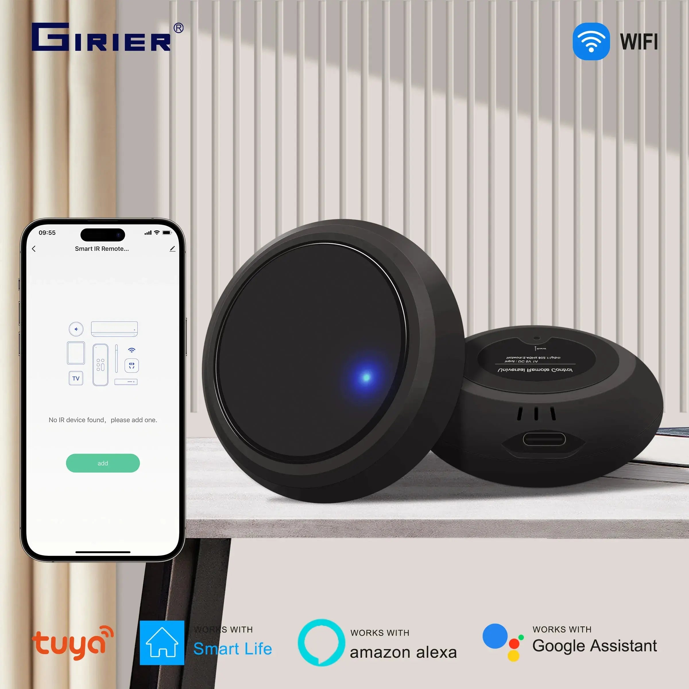 GIRIER Tuya Smart IR Remote Controller – Universal Infrared Remote Blaster for AC, TV, DVD, STB, Works with Alexa & Google Home DomoSpace