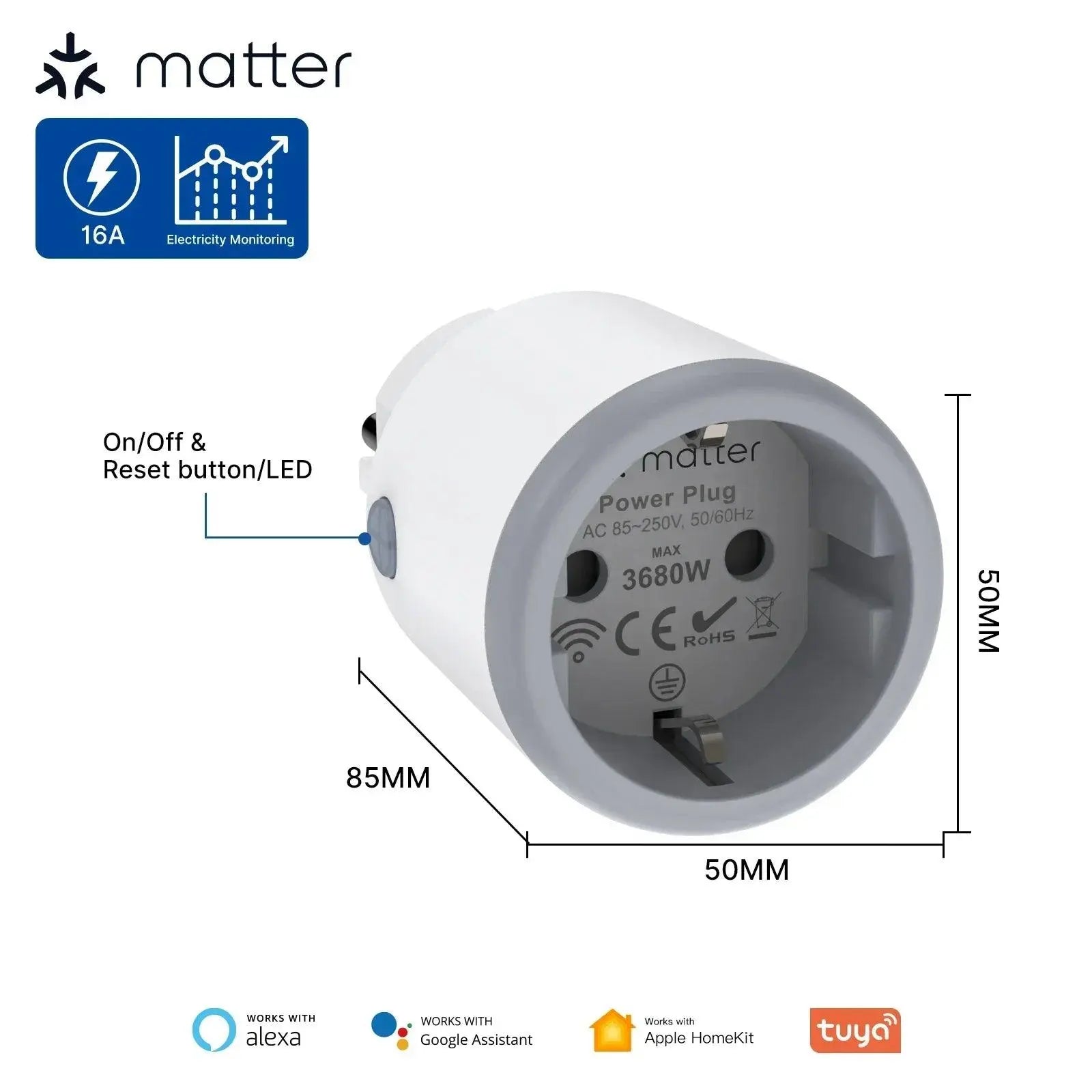 MOES Smart Plug Matter Wi-Fi Socket 16A Smart Timer Outlet Power Monitor Support TUYA Apple Homekit Work With Google Home Alexa - DomoSpace
