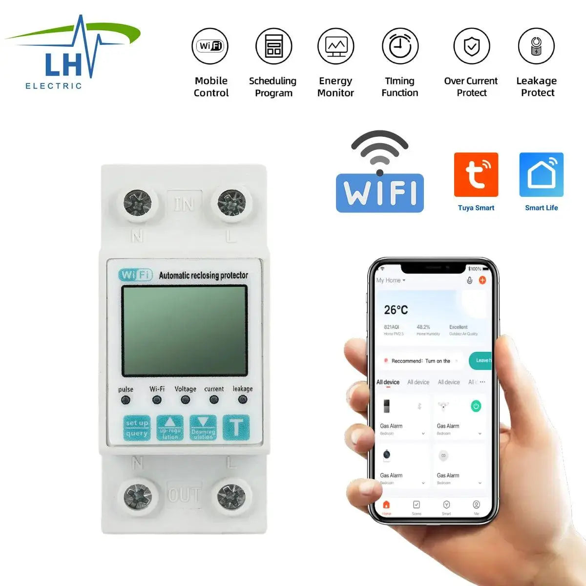 2P 63A TUYA APP WiFi Smart Circuit Breaker &amp; Energy Meter - DomoSpace