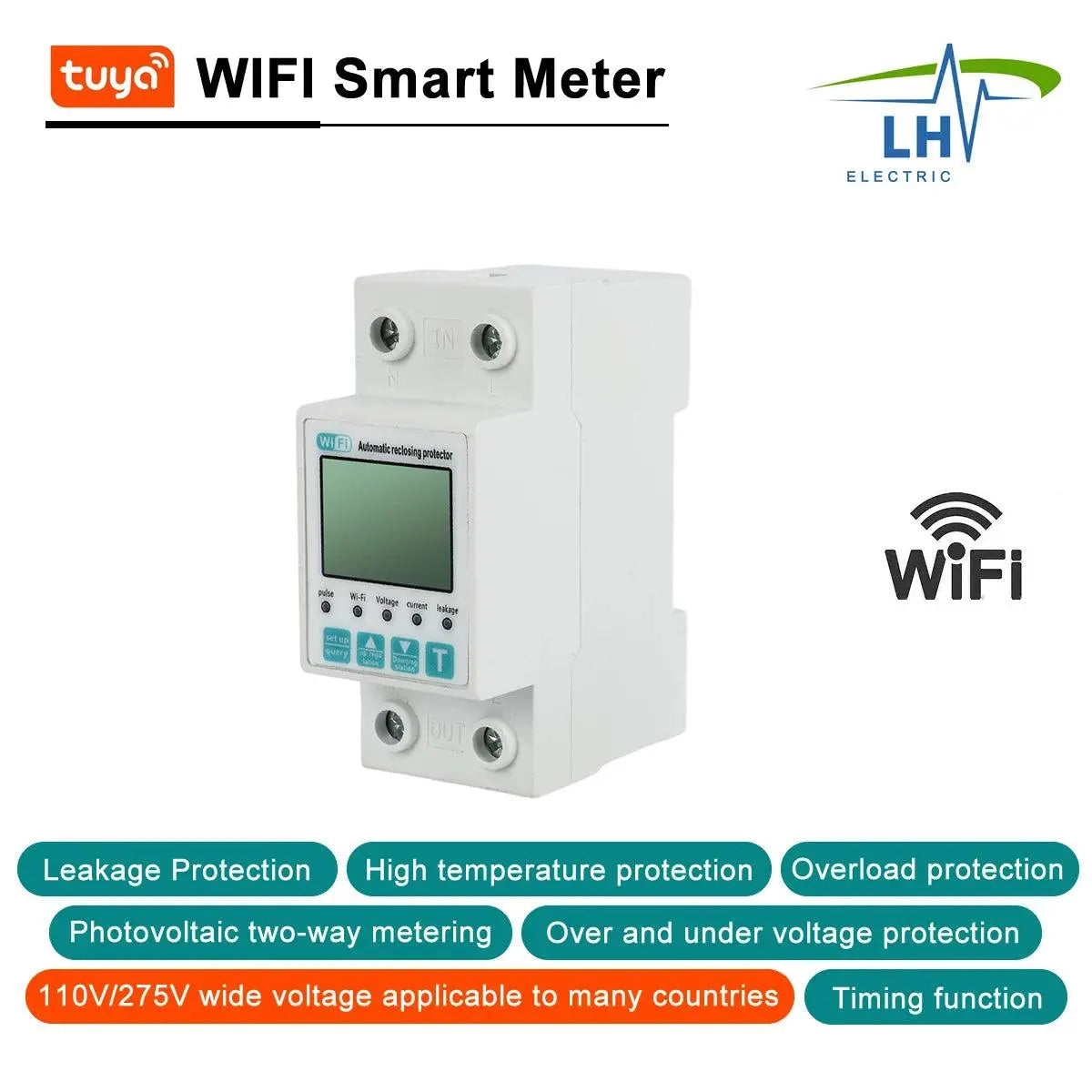 2P 63A TUYA APP WiFi Smart Circuit Breaker &amp; Energy Meter - DomoSpace