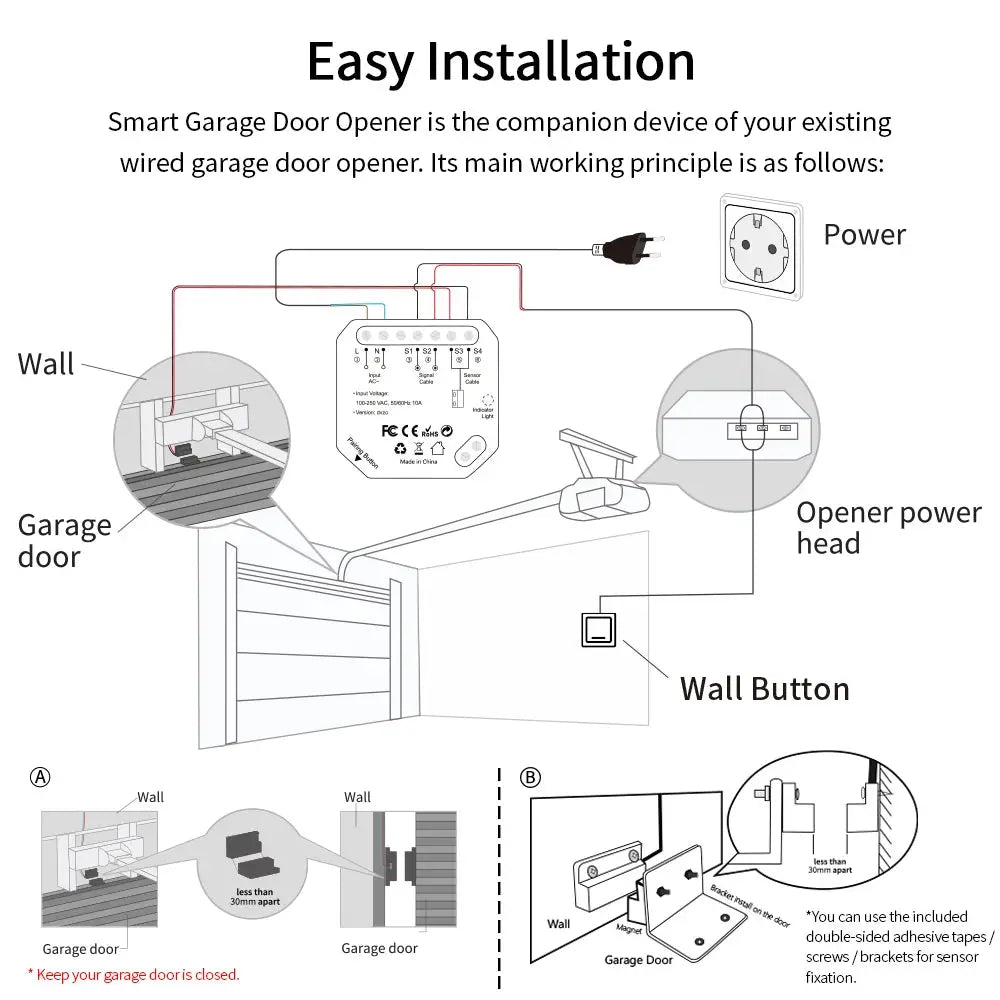 Garage Door Sensor Opener Controller Remote WiFi Switch Tuya Smart Life App Alert Works with Google Home Alexa Home Automation - DomoSpace