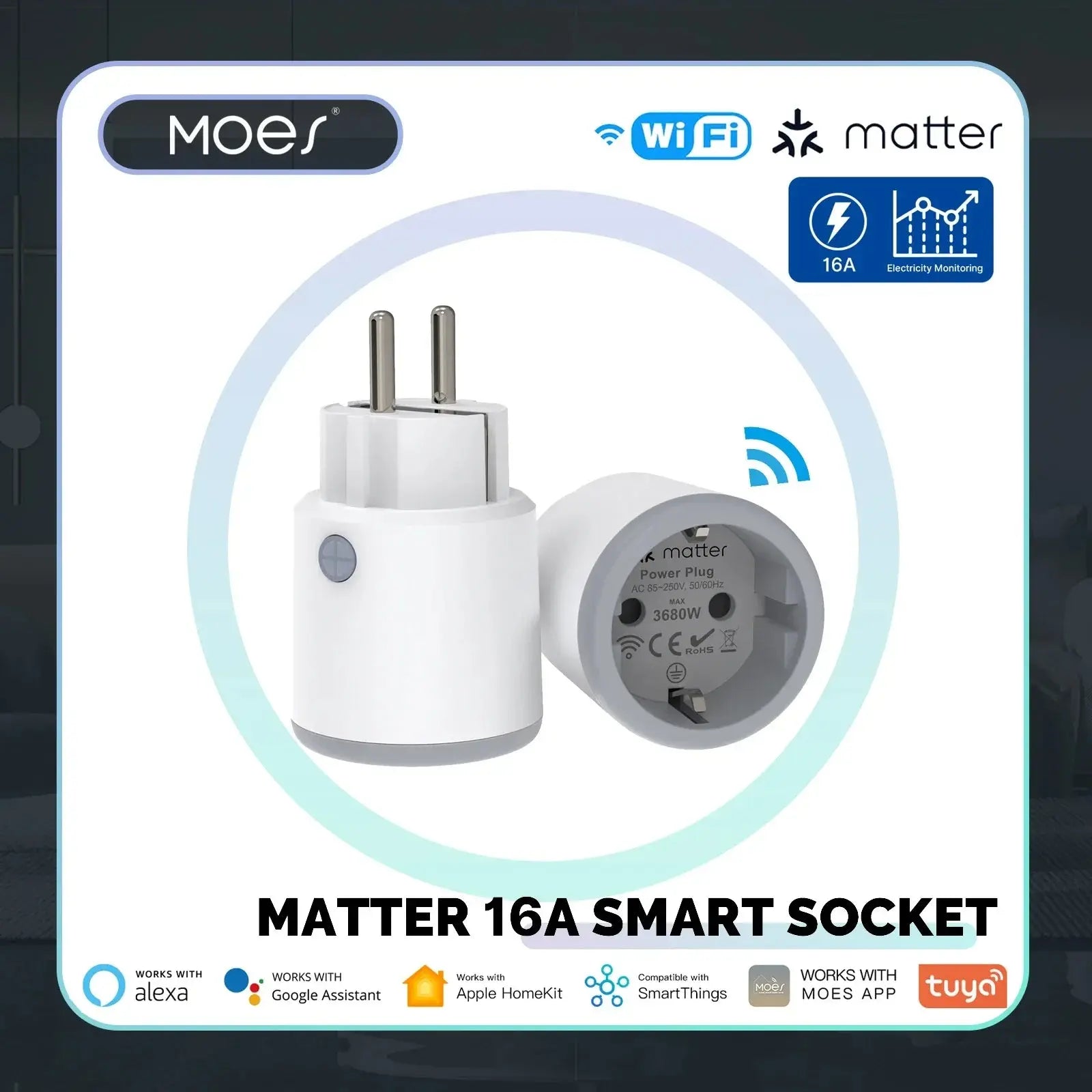 MOES Smart Plug Matter Wi-Fi Socket 16A Smart Timer Outlet Power Monitor Support TUYA  Apple Homekit Work With Google Home Alexa - DomoSpace