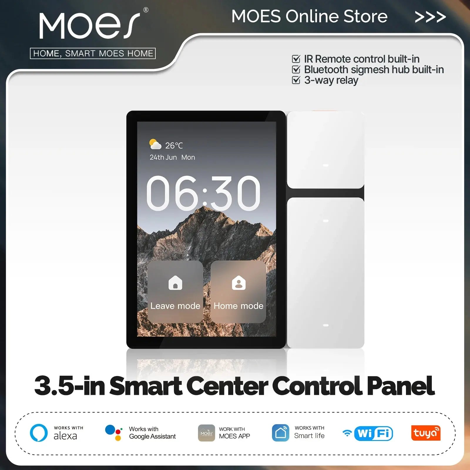 MOES Tuya WiFi 3.5-inch Smart Control Panel Screen 3 Relays 3 Physical Buttons IR Remote Control Bluetooth Sigmesh Hub Built-in - DomoSpace