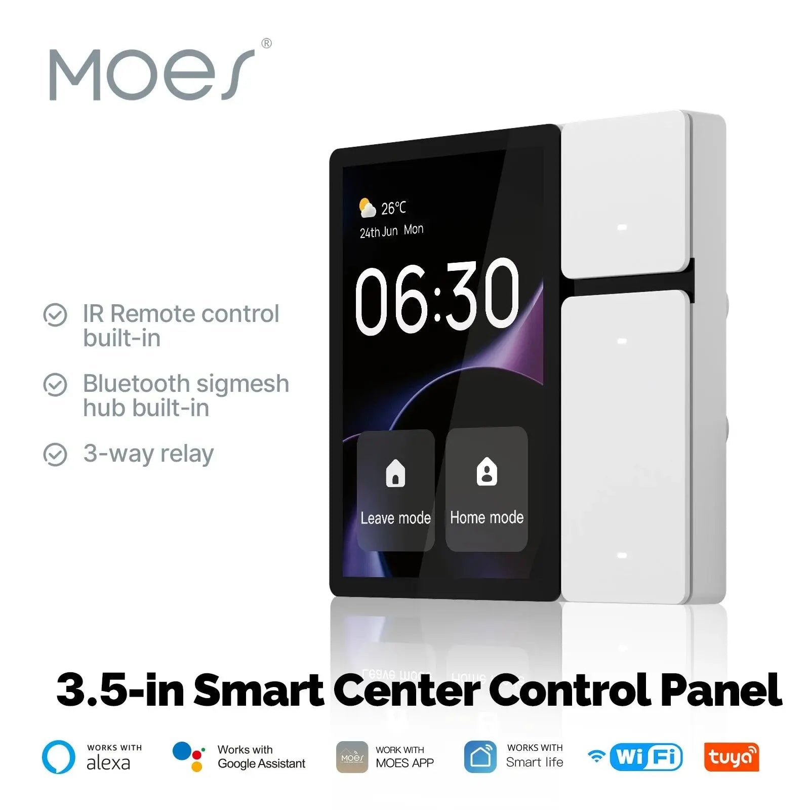 MOES Tuya WiFi 3.5-inch Smart Control Panel Screen 3 Relays 3 Physical Buttons IR Remote Control Bluetooth Sigmesh Hub Built-in - DomoSpace