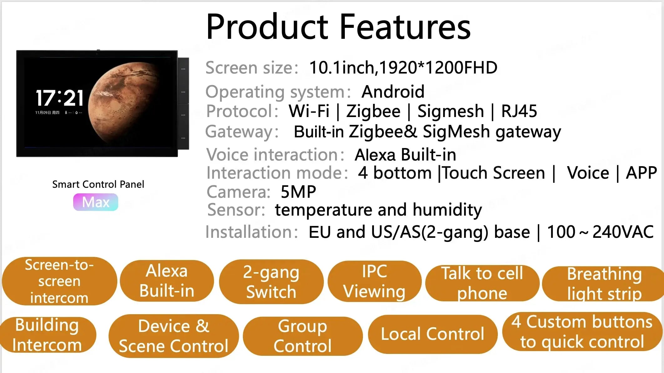 RAISE Tuya Smart Home Control Panel Max 10.1inch Touch Screen with Bluetooth Zigbee Hub Built-in Building Intercom Compatible - DomoSpace