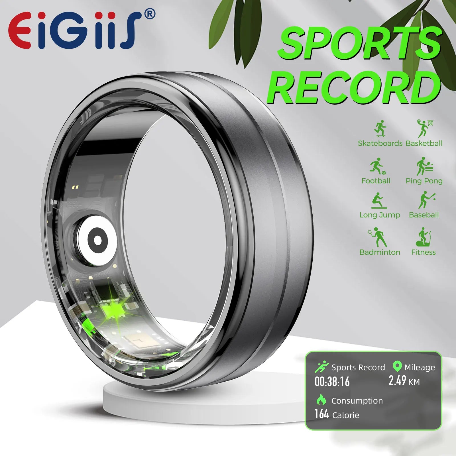 EIGIIS New Smart Ring Men Women, Heart Rate and Blood Oxygen Monitor, IP68 & 5ATM Waterproof, Multi-sport Mode for Android IOS DomoSpace