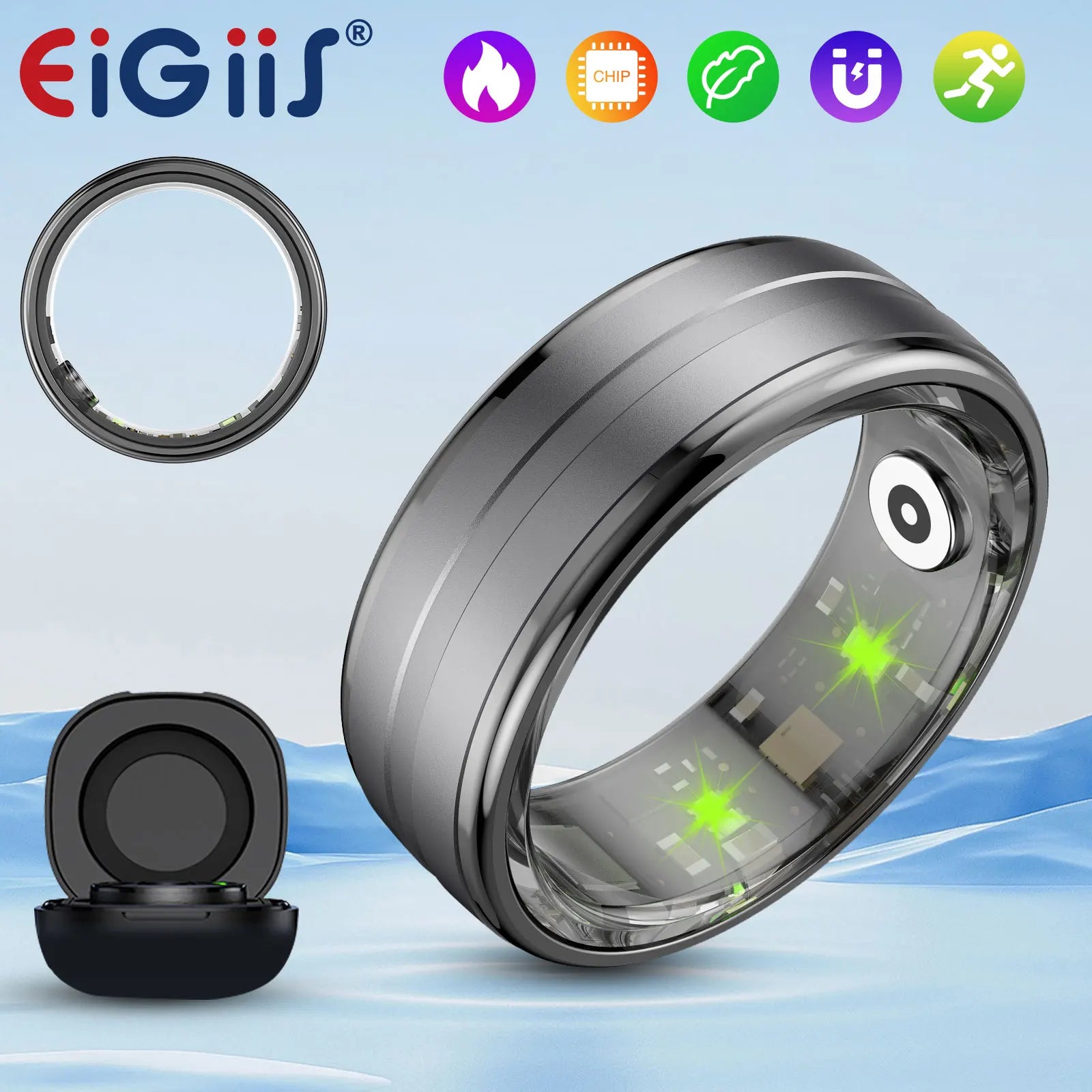 EIGIIS New Smart Ring Men Women, Heart Rate and Blood Oxygen Monitor, IP68 & 5ATM Waterproof, Multi-sport Mode for Android IOS DomoSpace