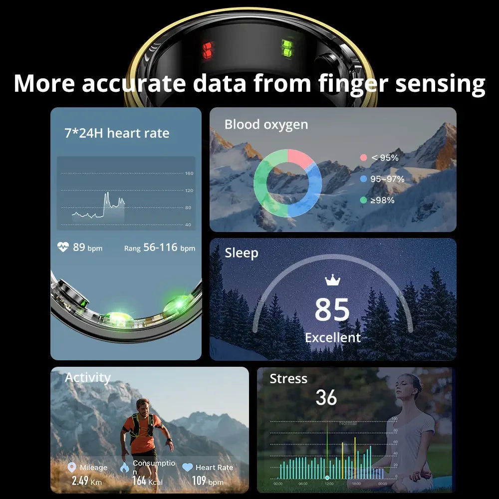 EIGIIS New Smart Ring Men Women, Heart Rate and Blood Oxygen Monitor, IP68 & 5ATM Waterproof, Multi-sport Mode for Android IOS DomoSpace