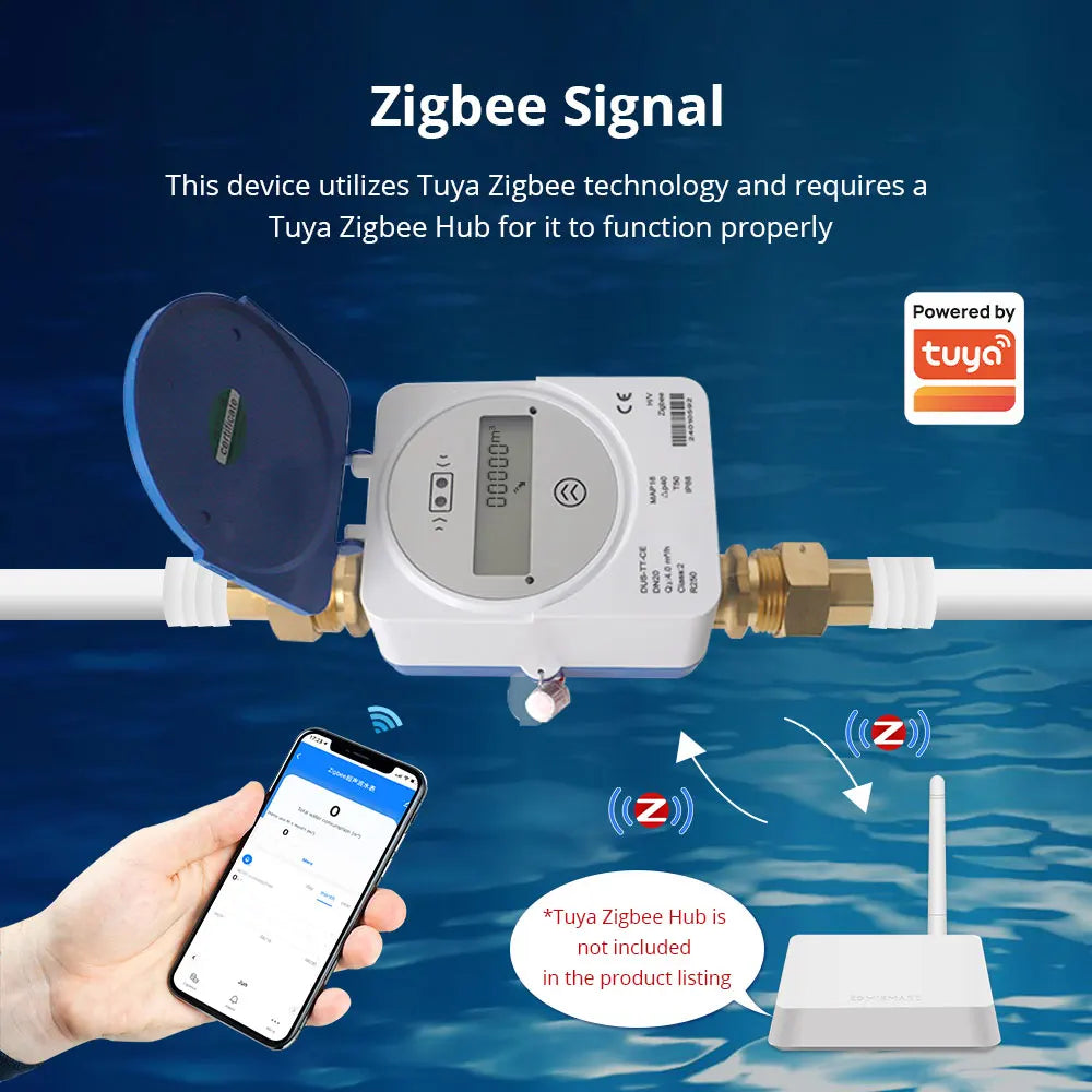 Tuya Zigbee Smart Ultrasonic Water Meter IP68 LCD Digital Display Water Quantity Flow Consumption Measurement Smart Life App DomoSpace