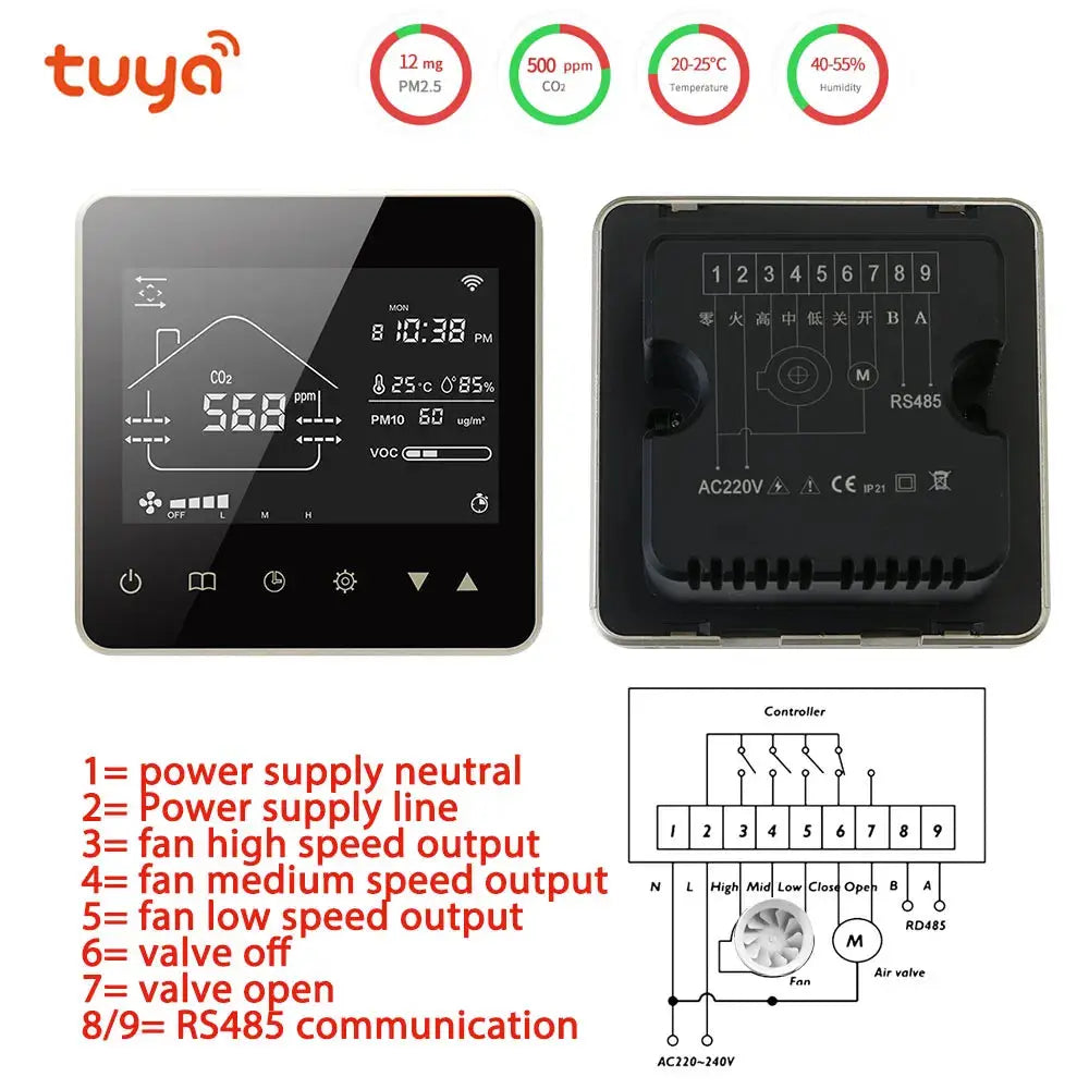 TUYA WIFI Smart Home CO2 PM2.5  Fresh Air Valve System Fan Coil Unit Dehumidifier Ventilation Controller with Modbus&RS485 - DomoSpace