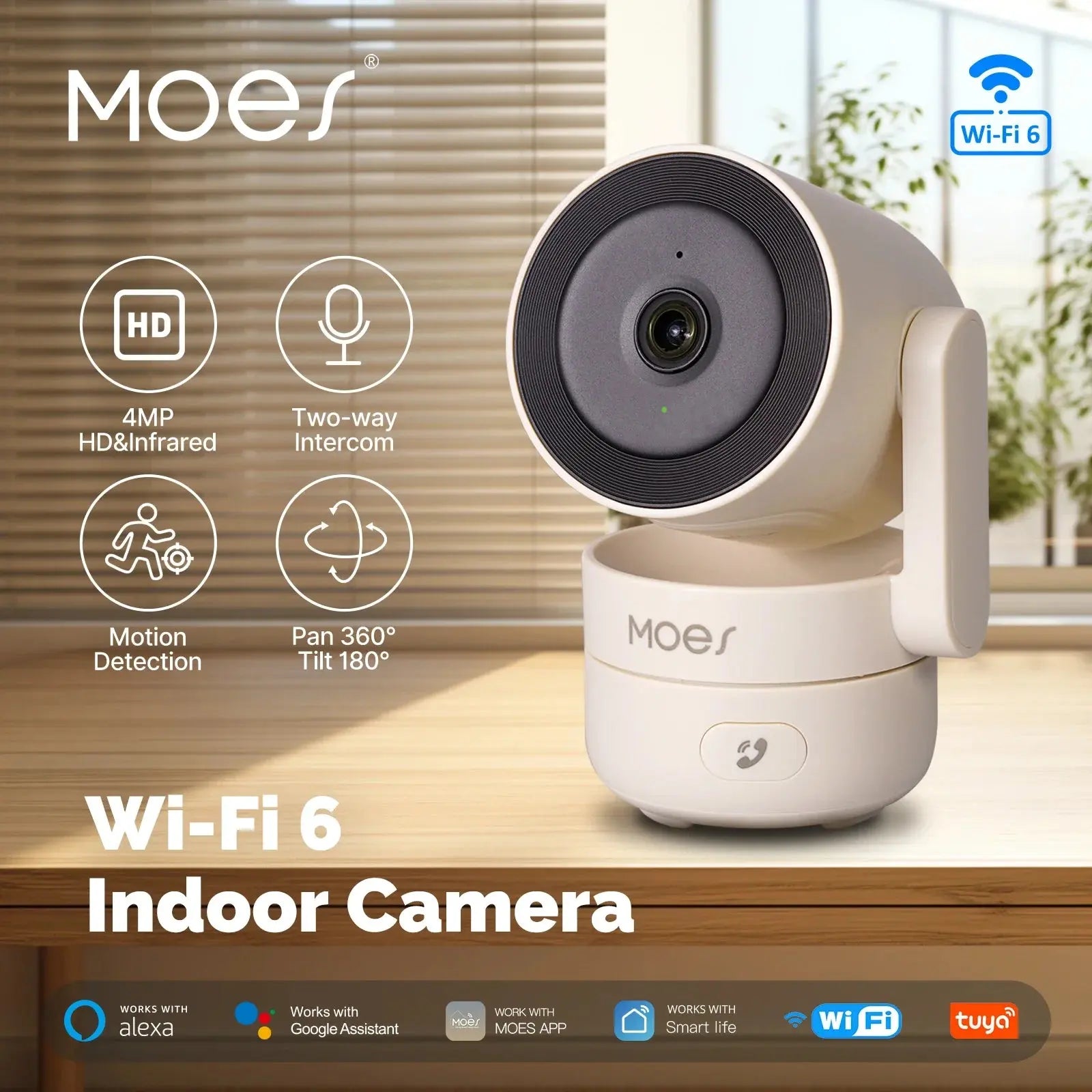 MOES Tuya Wi-Fi 6 Smart Indoor 4MP HD Security Pan/Tilt Camera Motion Tracking & Sound Detection Infrared Night Vision Monitor - DomoSpace