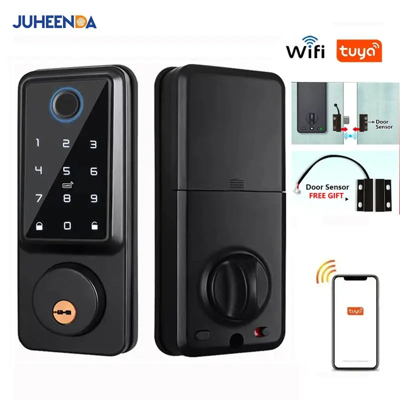 Tuya APP WIFI Automatic Electronic Keyless Deadbolt Smart Door Lock With Digital Code Fingerprint IC Card Mechanical Key Unlock - DomoSpace