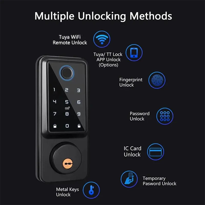 Tuya APP WIFI Automatic Electronic Keyless Deadbolt Smart Door Lock With Digital Code Fingerprint IC Card Mechanical Key Unlock - DomoSpace