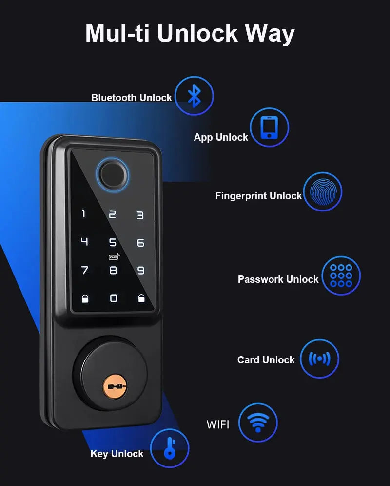 Tuya APP WIFI Automatic Electronic Keyless Deadbolt Smart Door Lock With Digital Code Fingerprint IC Card Mechanical Key Unlock - DomoSpace