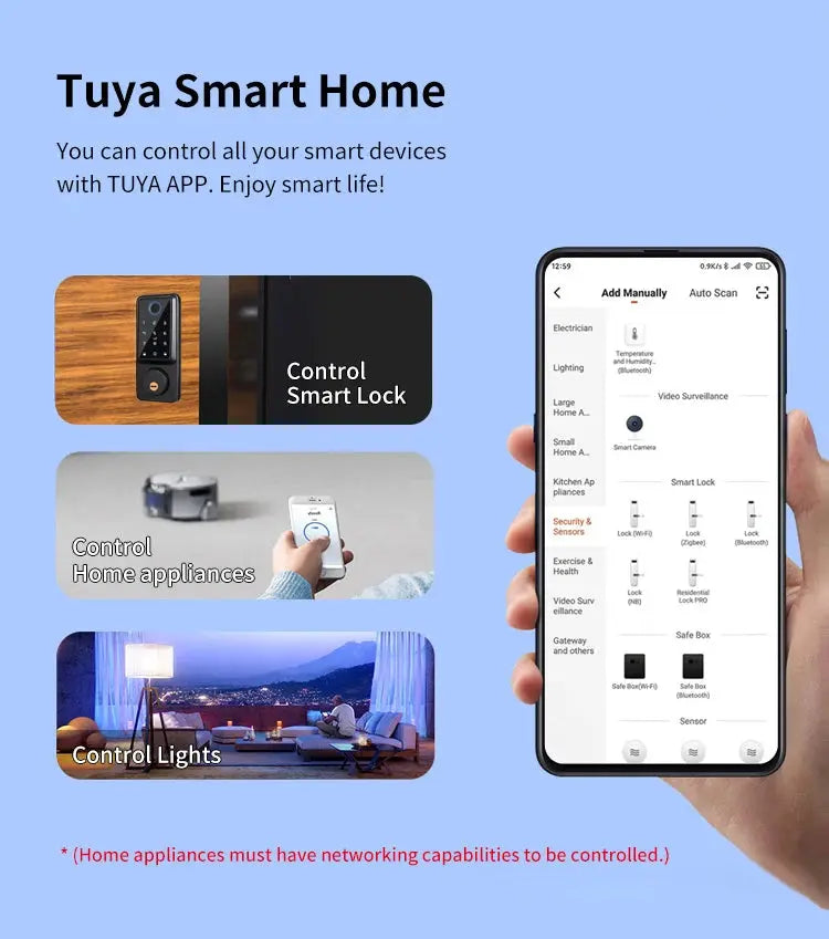 Tuya APP WIFI Automatic Electronic Keyless Deadbolt Smart Door Lock With Digital Code Fingerprint IC Card Mechanical Key Unlock - DomoSpace