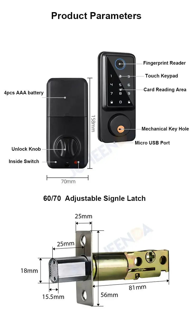 Tuya APP WIFI Automatic Electronic Keyless Deadbolt Smart Door Lock With Digital Code Fingerprint IC Card Mechanical Key Unlock - DomoSpace