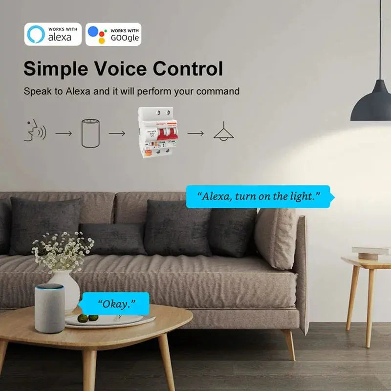 Tuya Smart 1 2 3 4 Phase Din Rail WIFI Circuit Breaker Smart Home Switch,63A MCB,Overload Short Circuit Protection,Alexa Remote DomoSpace