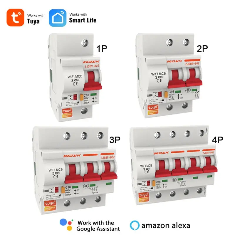 Tuya Smart 1 2 3 4 Phase Din Rail WIFI Circuit Breaker Smart Home Switch,63A MCB,Overload Short Circuit Protection,Alexa Remote DomoSpace