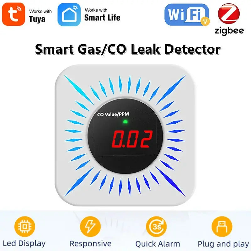 Tuya Smart WiFi Zigbee Gas carbon monoxide Detector Multifunctional Alarm 80DB Alarm APP Wireless Control Smart Home Security - DomoSpace