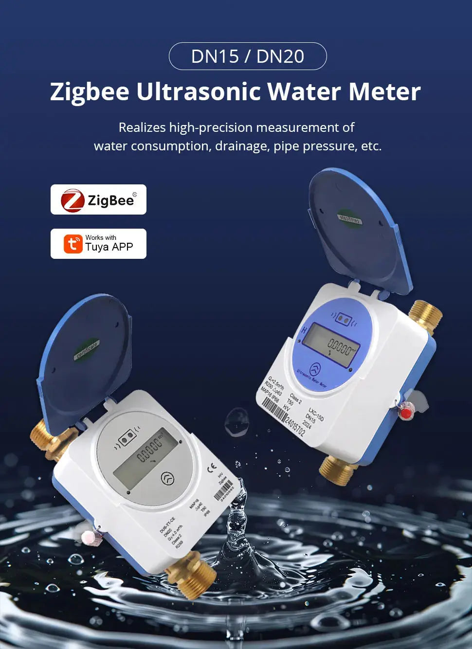 Tuya Smart Zigbee Ultrasonic Water Meter LCD Digital Display Water Quantity Flow Consumption Measurement IP68 Smart Life App - DomoSpace